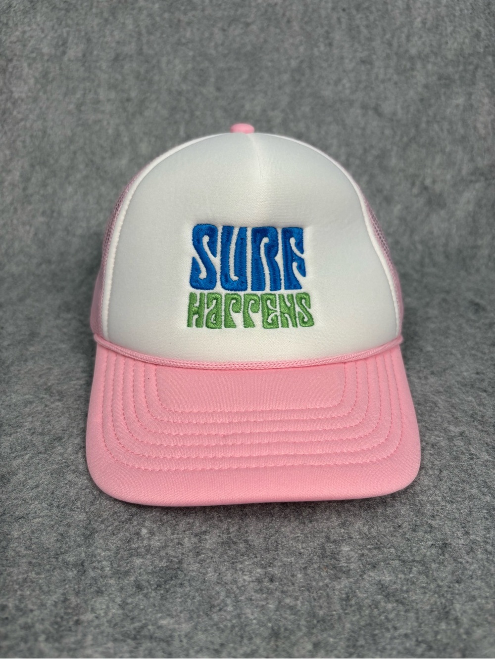 Surf Happens Pink White Mesh Trucker Snapback Hat